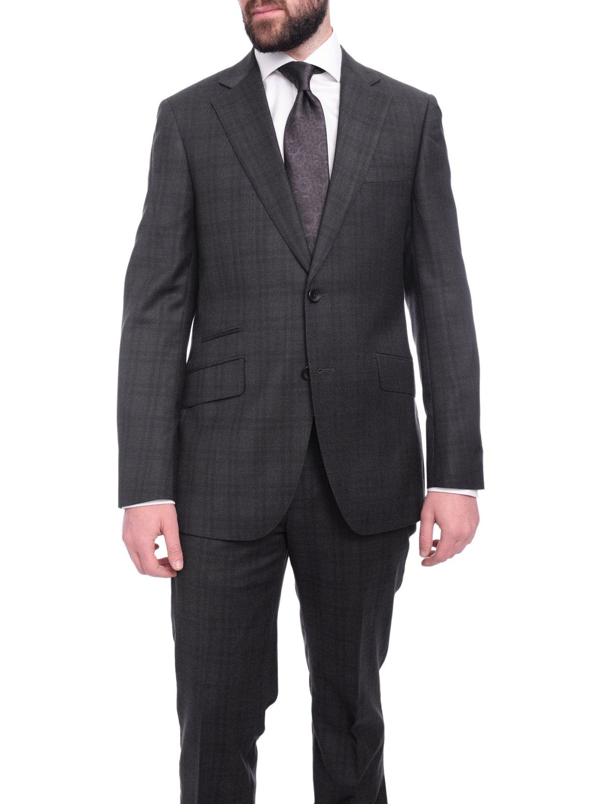 Napoli TWO PIECE SUITS Napoli Slim Fit Charcoal Gray & Purple Plaid Half Canvassed Super 150s Wool Suit