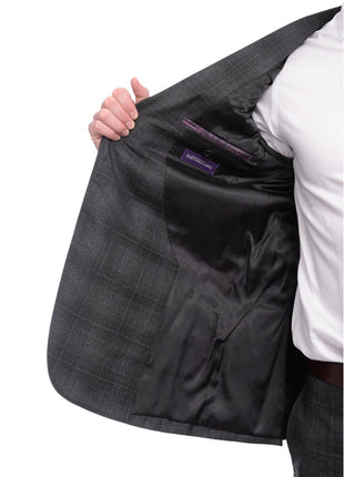 Napoli TWO PIECE SUITS Napoli Slim Fit Charcoal Gray Windowpane Plaid Half Canvassed Wool Suit
