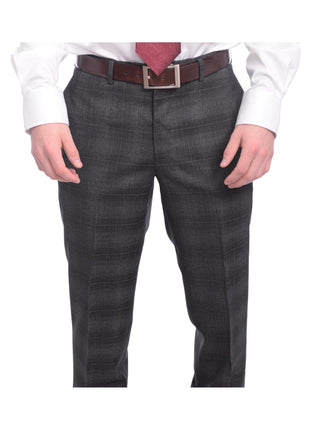 Napoli TWO PIECE SUITS Napoli Slim Fit Charcoal Gray Windowpane Plaid Half Canvassed Wool Suit