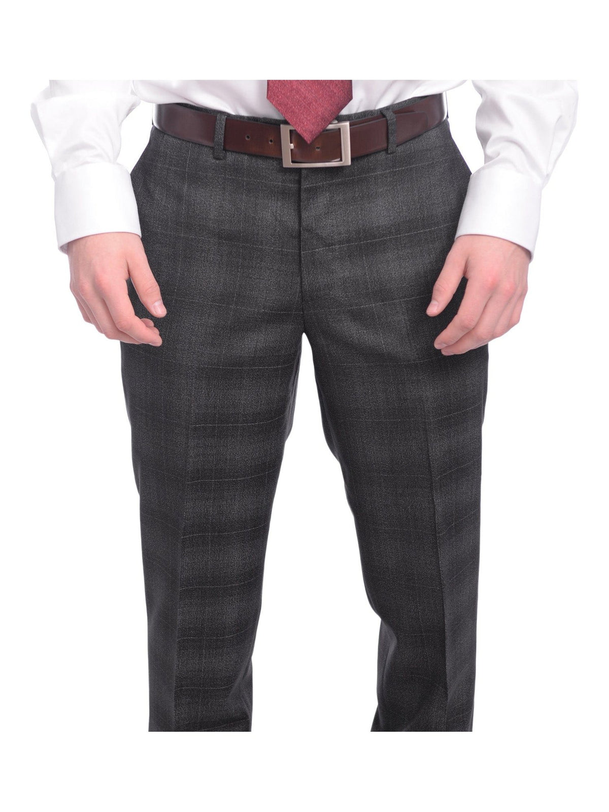 Napoli TWO PIECE SUITS Napoli Slim Fit Charcoal Gray Windowpane Plaid Half Canvassed Wool Suit