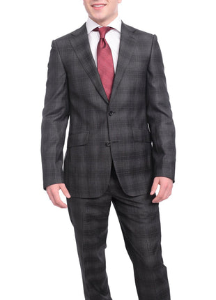 Napoli TWO PIECE SUITS Napoli Slim Fit Charcoal Gray Windowpane Plaid Half Canvassed Wool Suit
