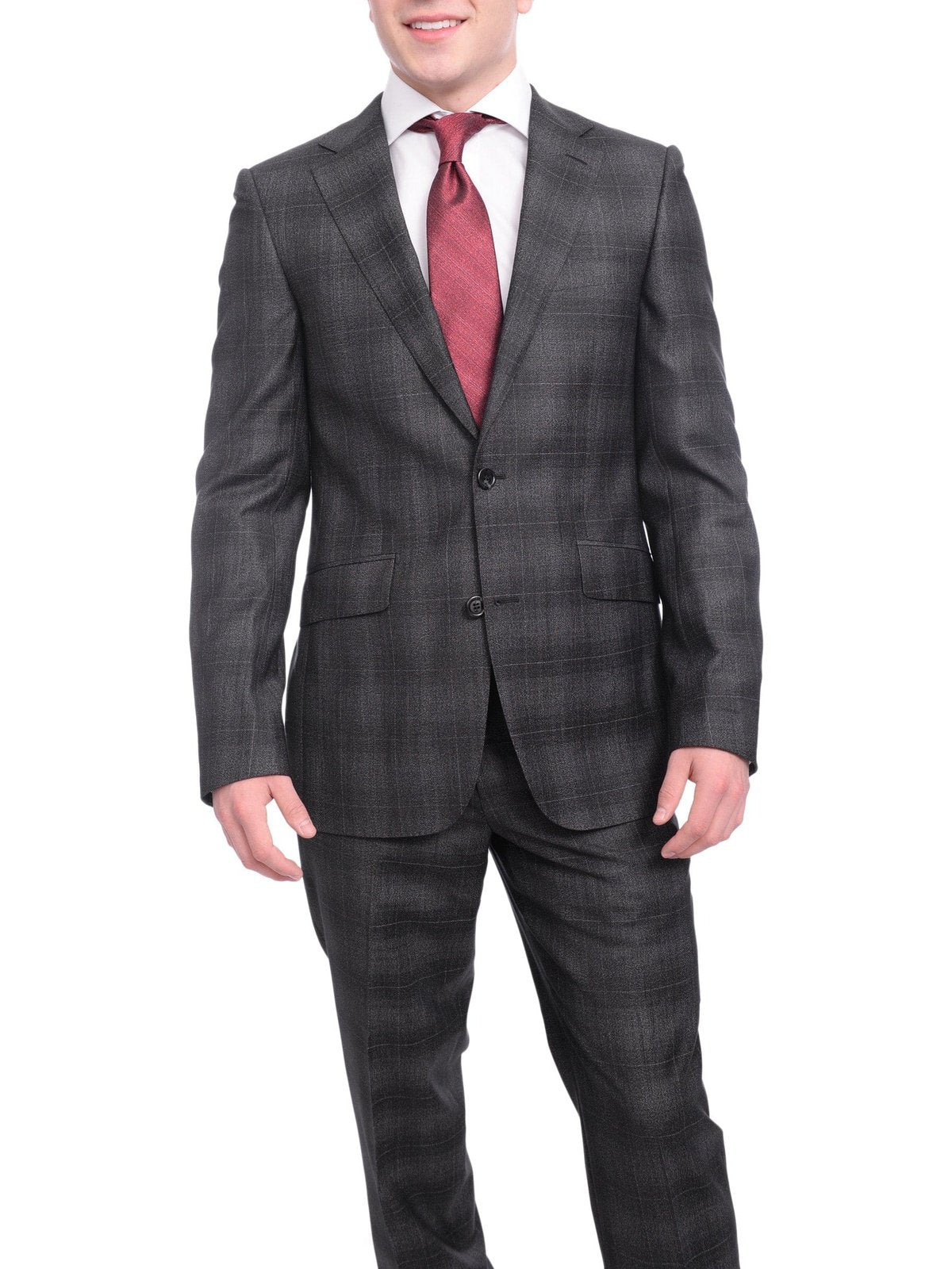 Napoli TWO PIECE SUITS Napoli Slim Fit Charcoal Gray Windowpane Plaid Half Canvassed Wool Suit