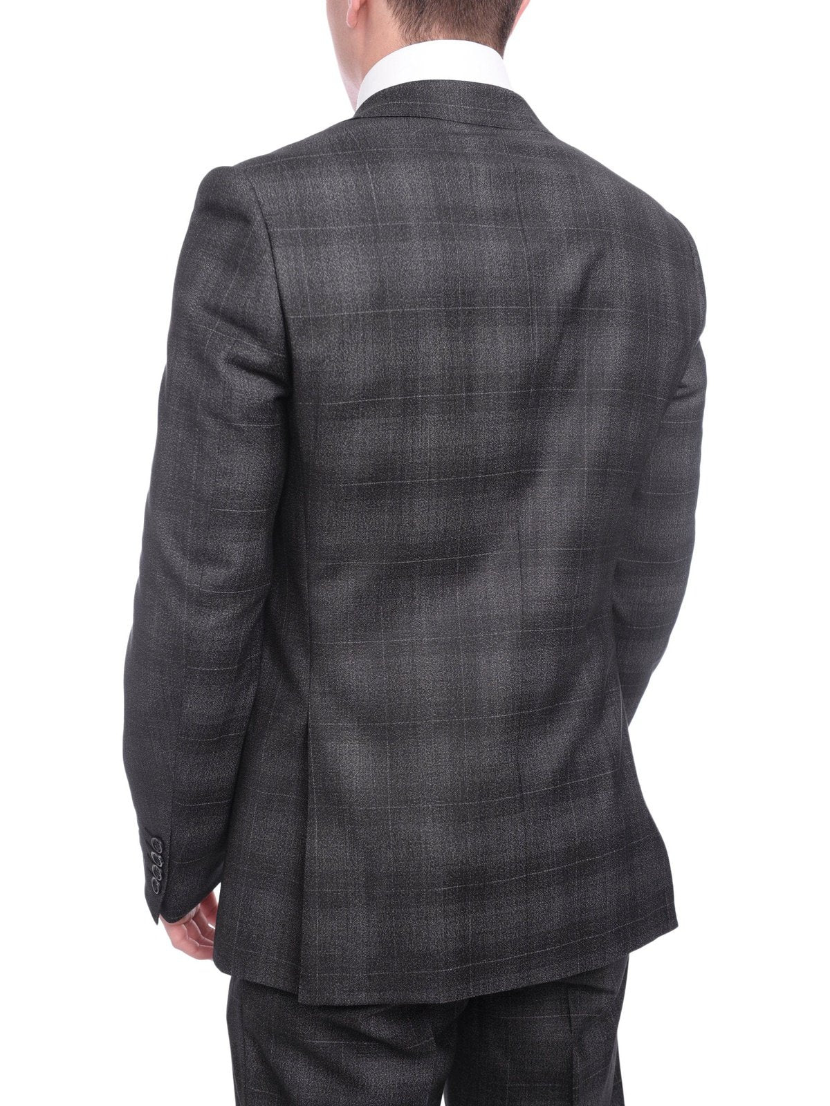 Napoli TWO PIECE SUITS Napoli Slim Fit Charcoal Gray Windowpane Plaid Half Canvassed Wool Suit