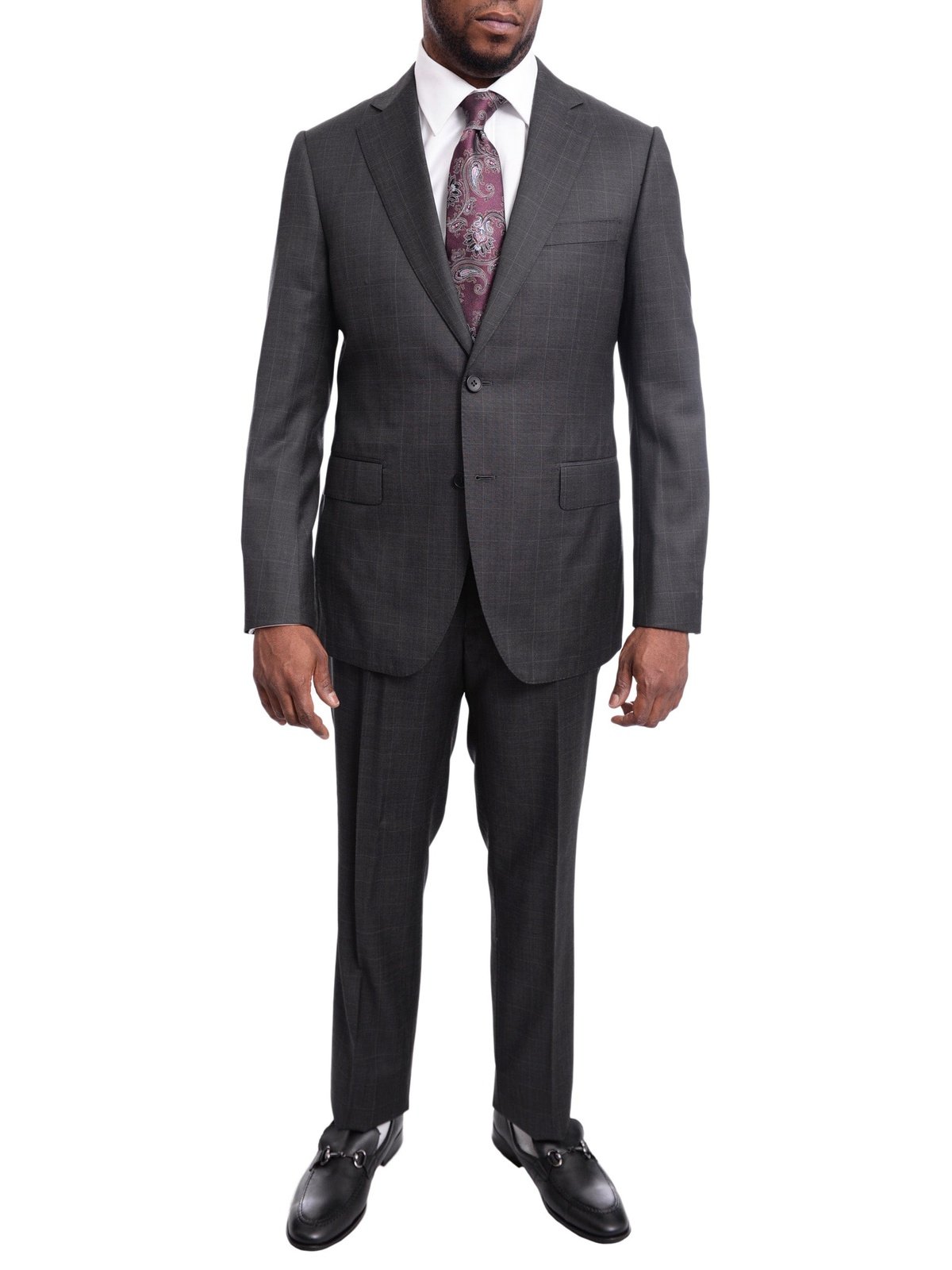 Napoli TWO PIECE SUITS Napoli Slim Fit Charcoal Gray Windowpane Two Button Half Canvassed Wool Suit