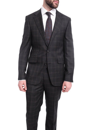 Napoli TWO PIECE SUITS Napoli Slim Fit Charcoal Gray With Brown Plaid Half Canvassed Wool Suit