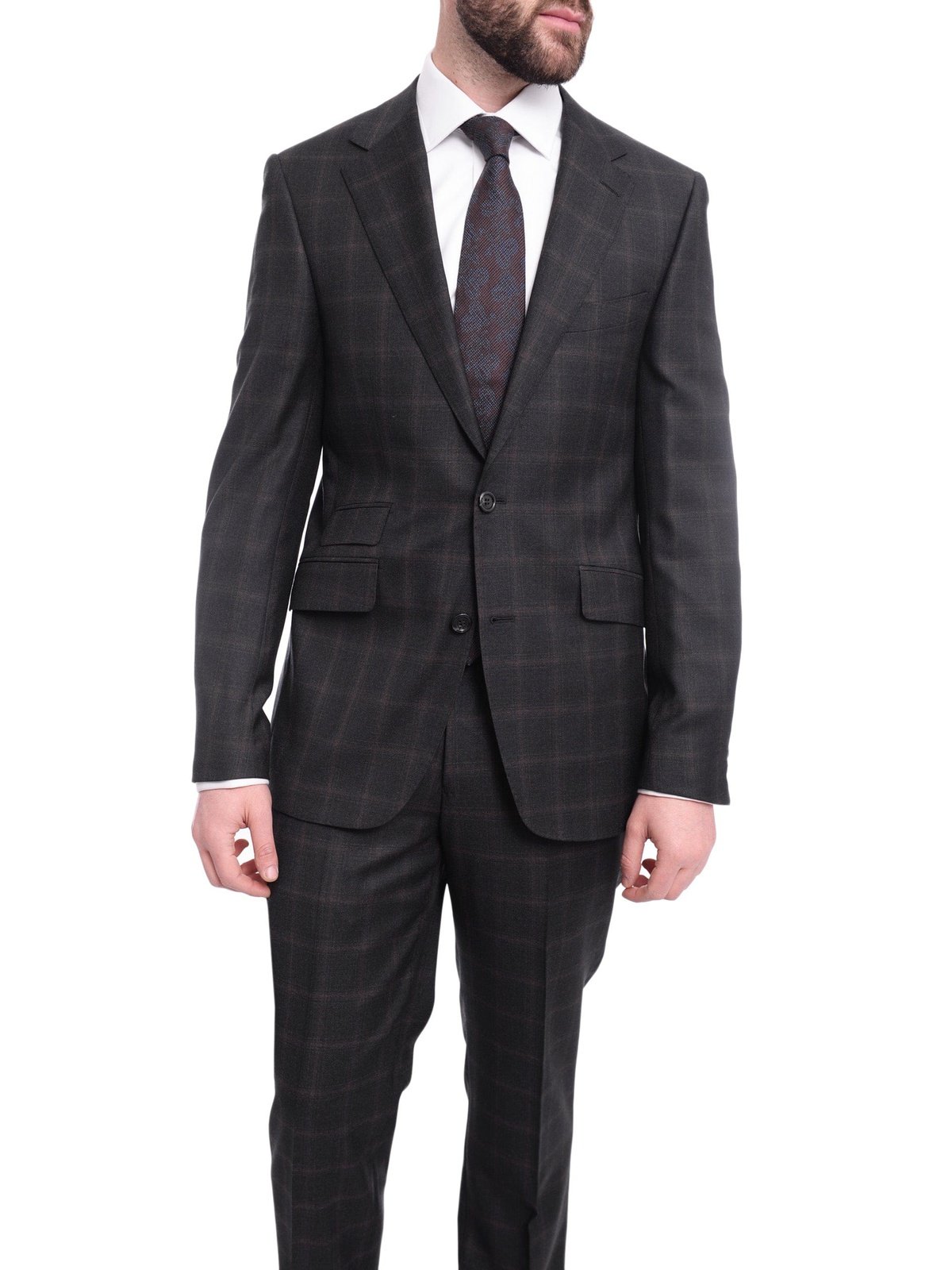 Napoli TWO PIECE SUITS Napoli Slim Fit Charcoal Gray With Brown Plaid Half Canvassed Wool Suit