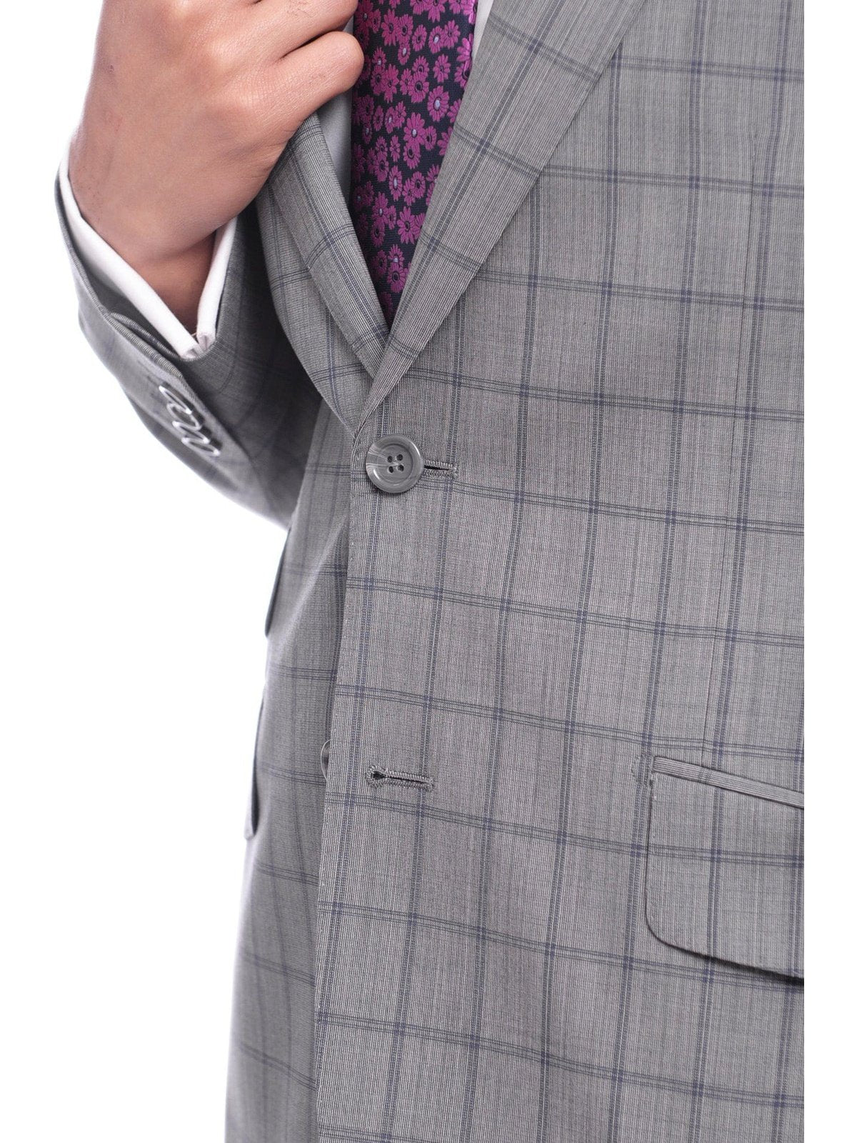 Napoli TWO PIECE SUITS Napoli Slim Fit Gray & Blue Windowpane Plaid Half Canvassed Super 150s Wool Suit