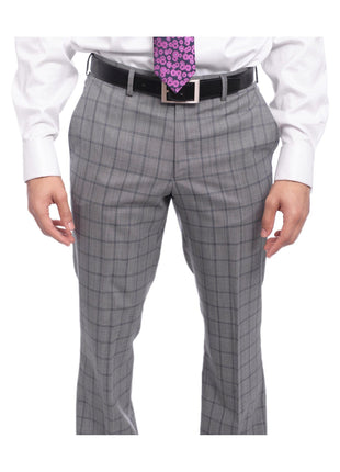 Napoli TWO PIECE SUITS Napoli Slim Fit Gray & Blue Windowpane Plaid Half Canvassed Super 150s Wool Suit