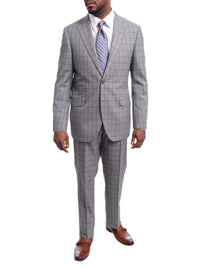 Thumbnail for Napoli TWO PIECE SUITS Napoli Slim Fit Gray & Blue Windowpane Plaid Half Canvassed Super 150s Wool Suit