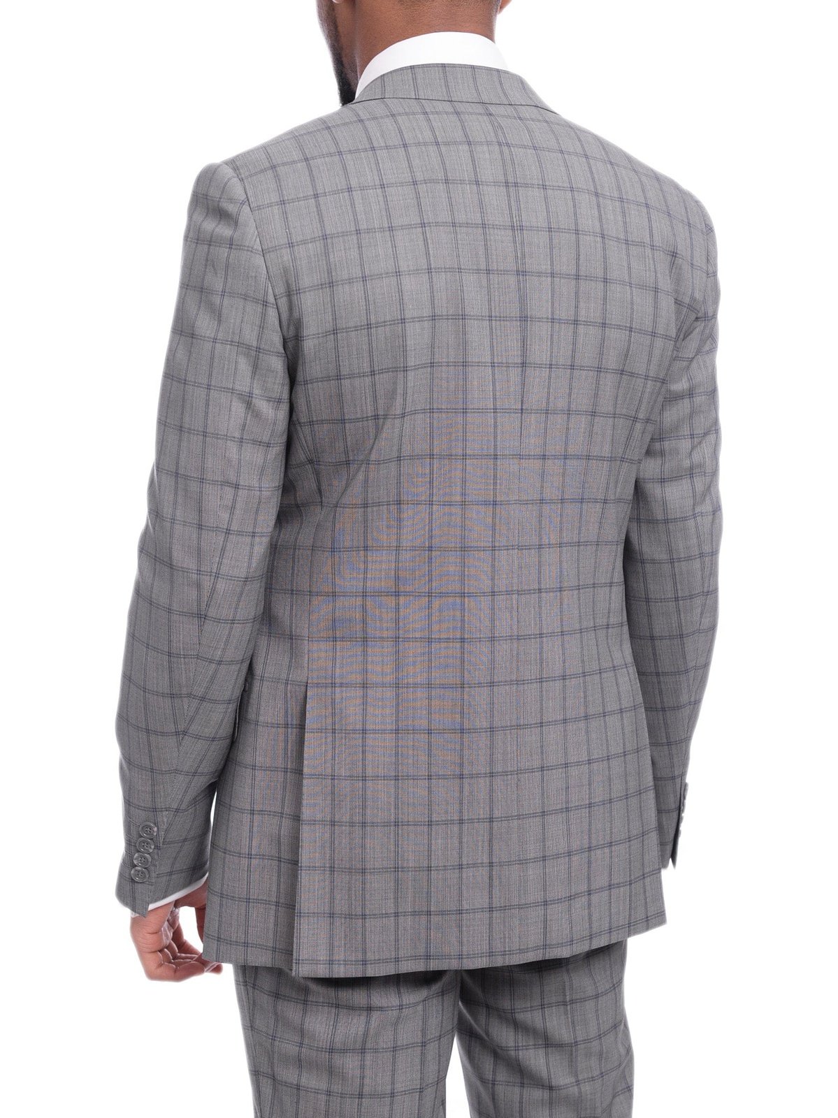 Napoli TWO PIECE SUITS Napoli Slim Fit Gray & Blue Windowpane Plaid Half Canvassed Super 150s Wool Suit