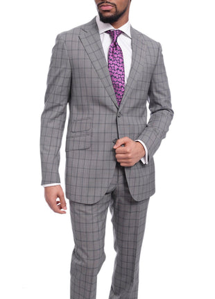 Napoli TWO PIECE SUITS Napoli Slim Fit Gray & Blue Windowpane Plaid Half Canvassed Super 150s Wool Suit