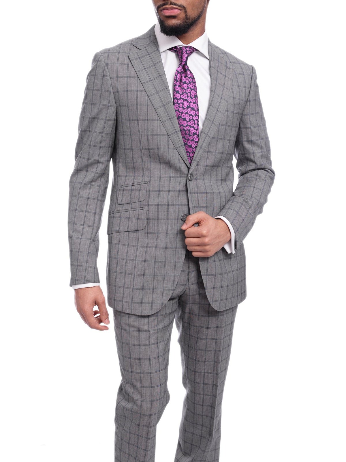 Napoli TWO PIECE SUITS Napoli Slim Fit Gray &amp; Blue Windowpane Plaid Half Canvassed Super 150s Wool Suit