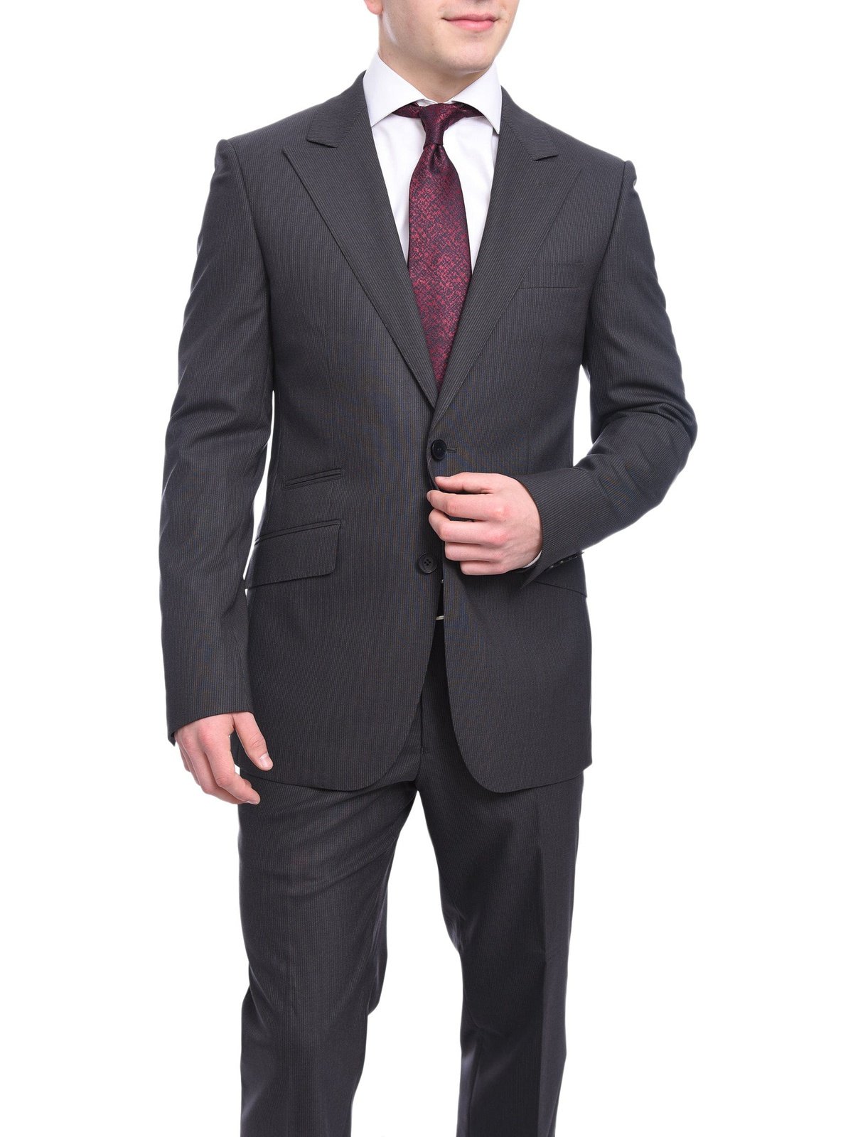 Napoli TWO PIECE SUITS Napoli Slim Fit Gray Pinstripe Two Button Wool Suit With Wide Peak Lapels