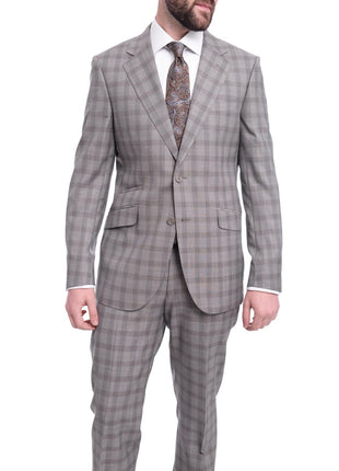 Napoli TWO PIECE SUITS Napoli Slim Fit Gray Plaid Windowpane Half Canvassed Tallia Deflino Wool Suit