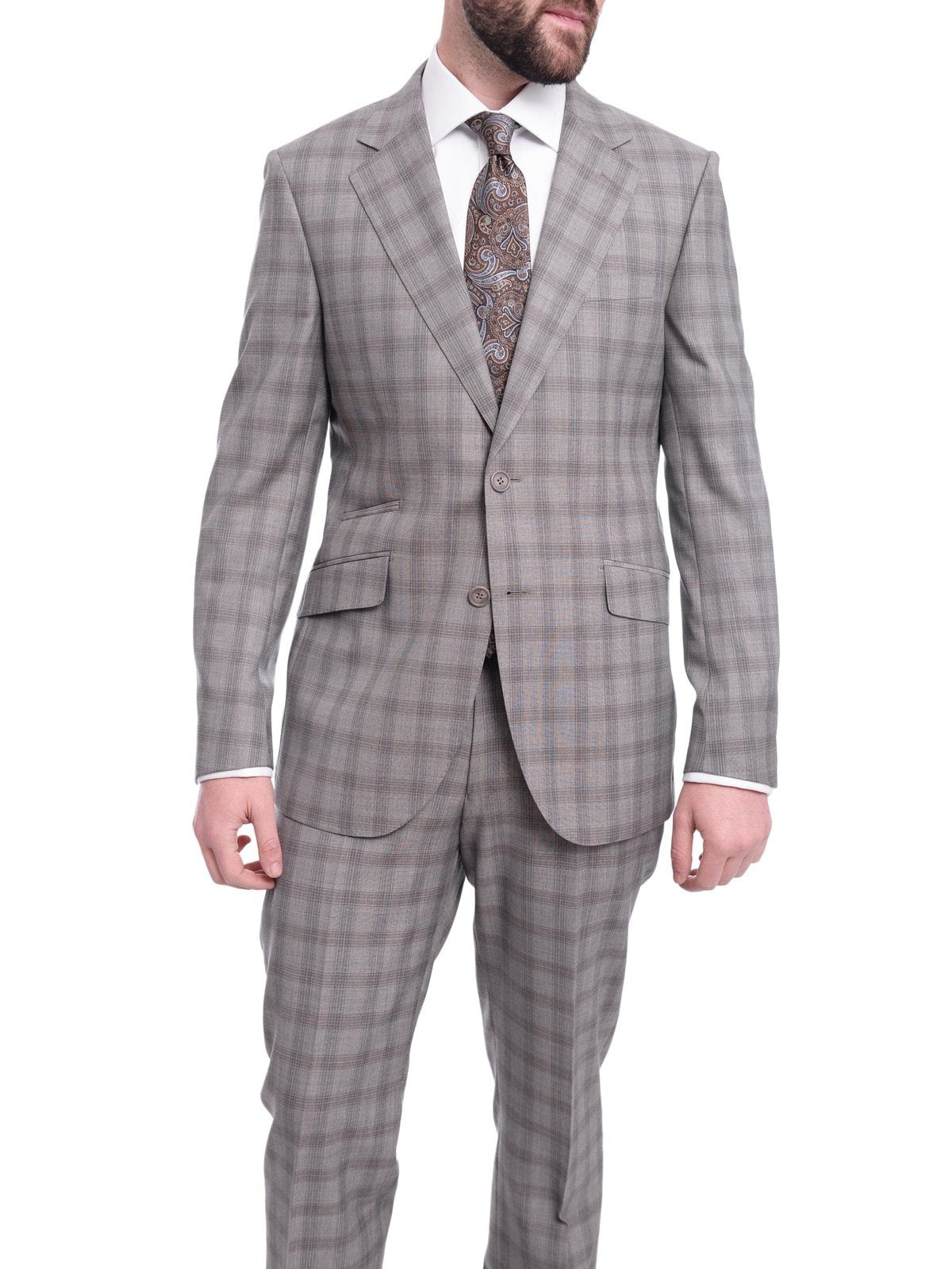 Napoli TWO PIECE SUITS Napoli Slim Fit Gray Plaid Windowpane Half Canvassed Tallia Deflino Wool Suit