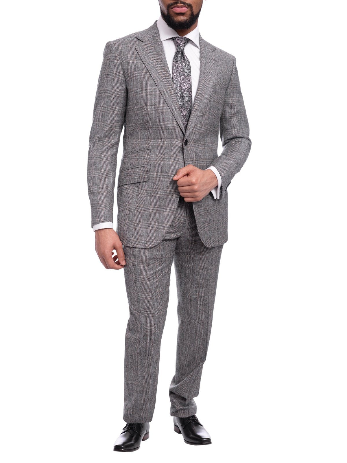 Napoli TWO PIECE SUITS Napoli Slim Fit Gray &amp; Subtle Brown Glen Plaid Half Canvassed Cashmere Wool Suit