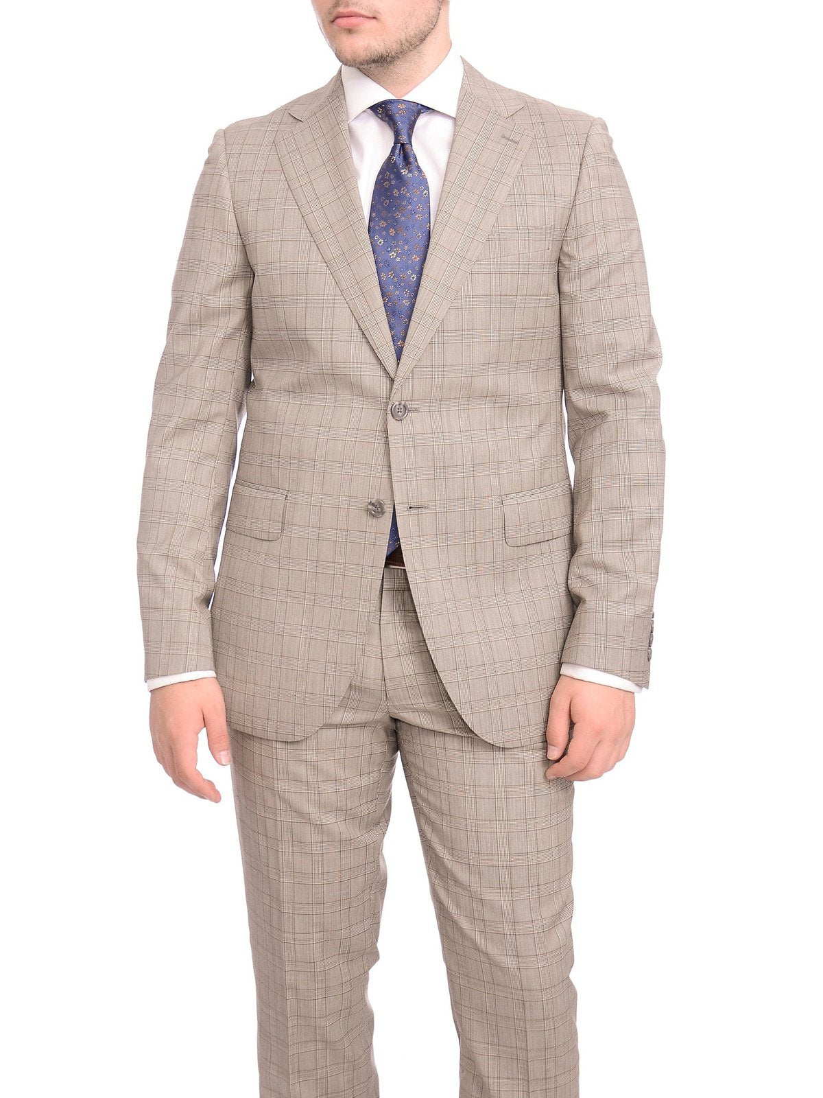 Napoli TWO PIECE SUITS Napoli Slim Fit Light Brown Glen Plaid Half Canvassed Marzotto Wool Suit