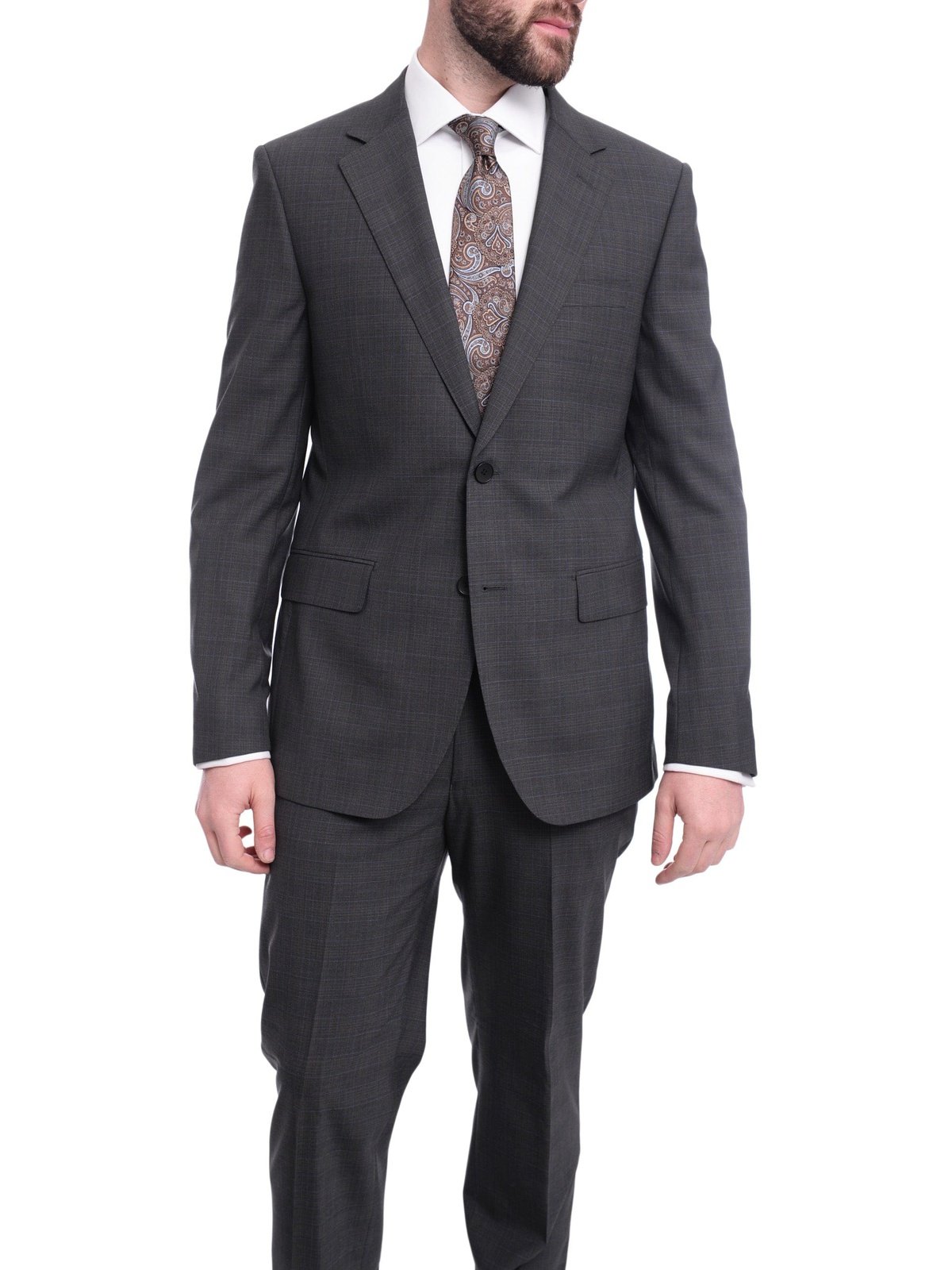 Napoli TWO PIECE SUITS Napoli Slim Fit Medium Gray & Blue Plaid Two Button Half Canvassed Wool Suit