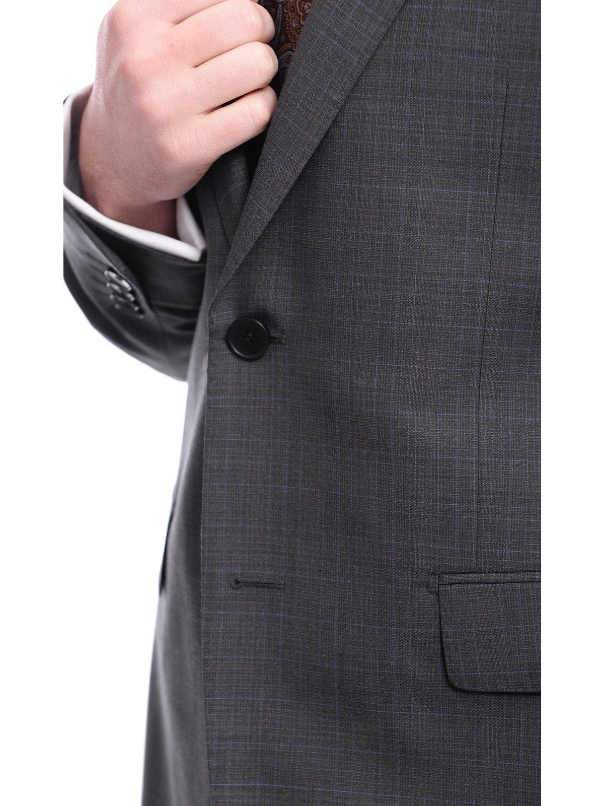 Napoli TWO PIECE SUITS Napoli Slim Fit Medium Gray & Blue Plaid Two Button Half Canvassed Wool Suit