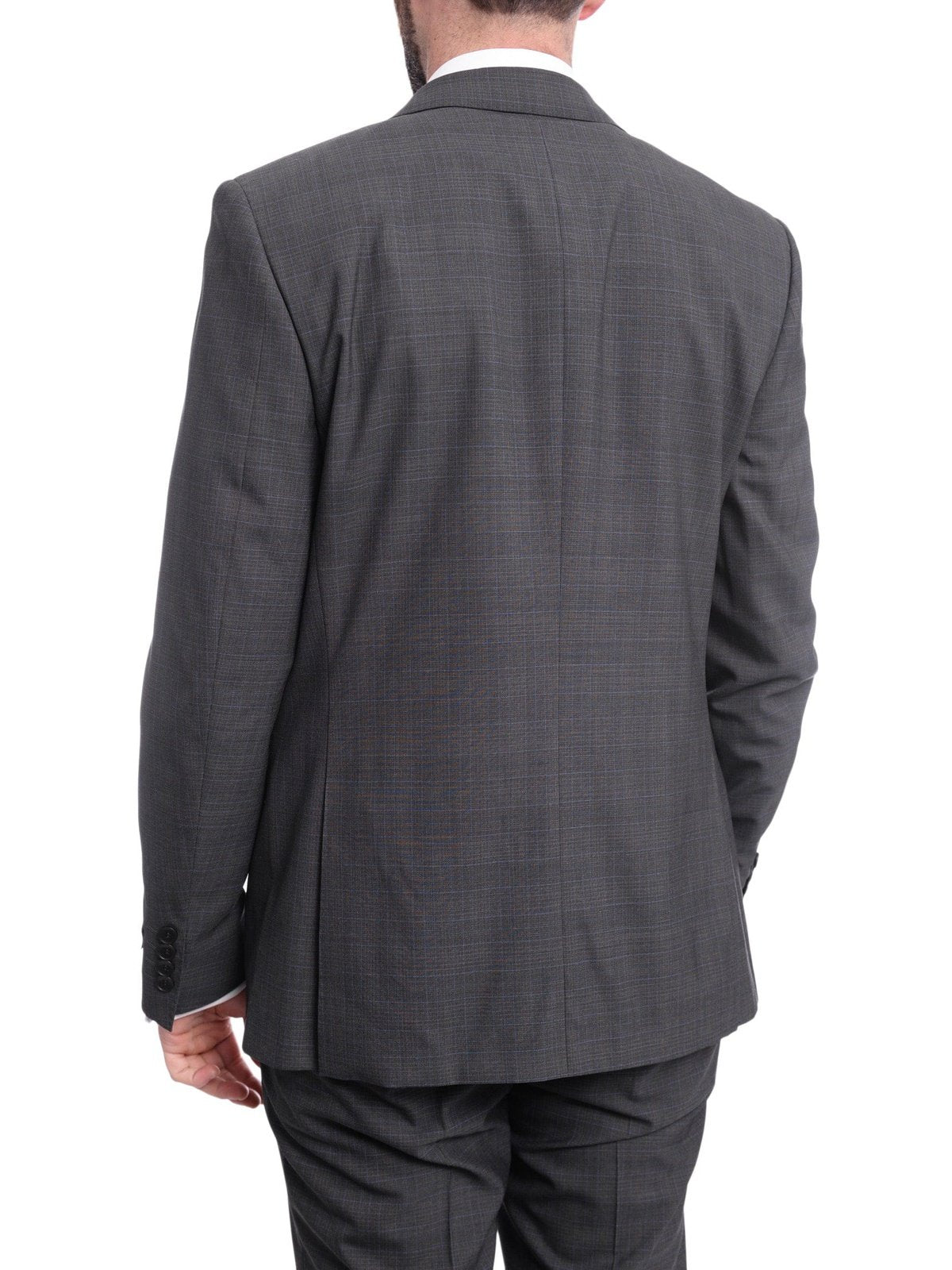 Napoli TWO PIECE SUITS Napoli Slim Fit Medium Gray &amp; Blue Plaid Two Button Half Canvassed Wool Suit