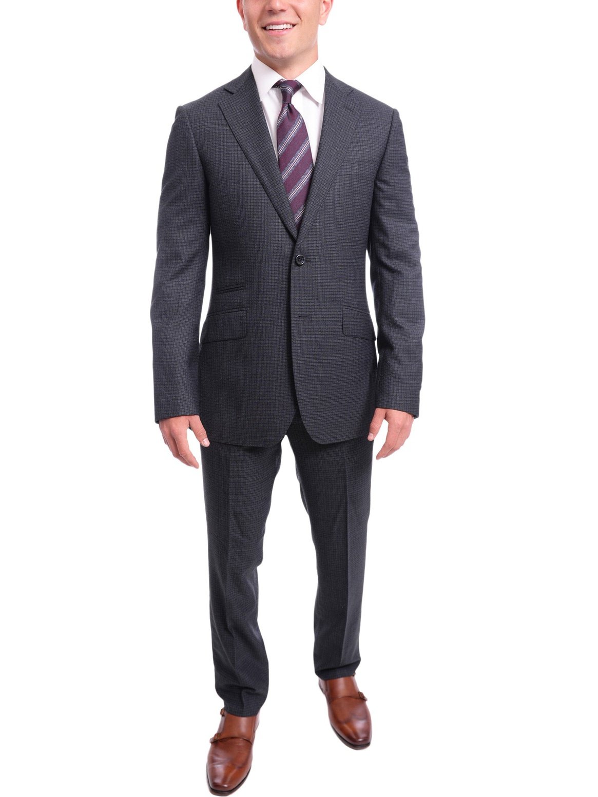 Napoli TWO PIECE SUITS Napoli Slim Fit Navy Blue Check Half Canvassed Tallia Delfino Wool Suit