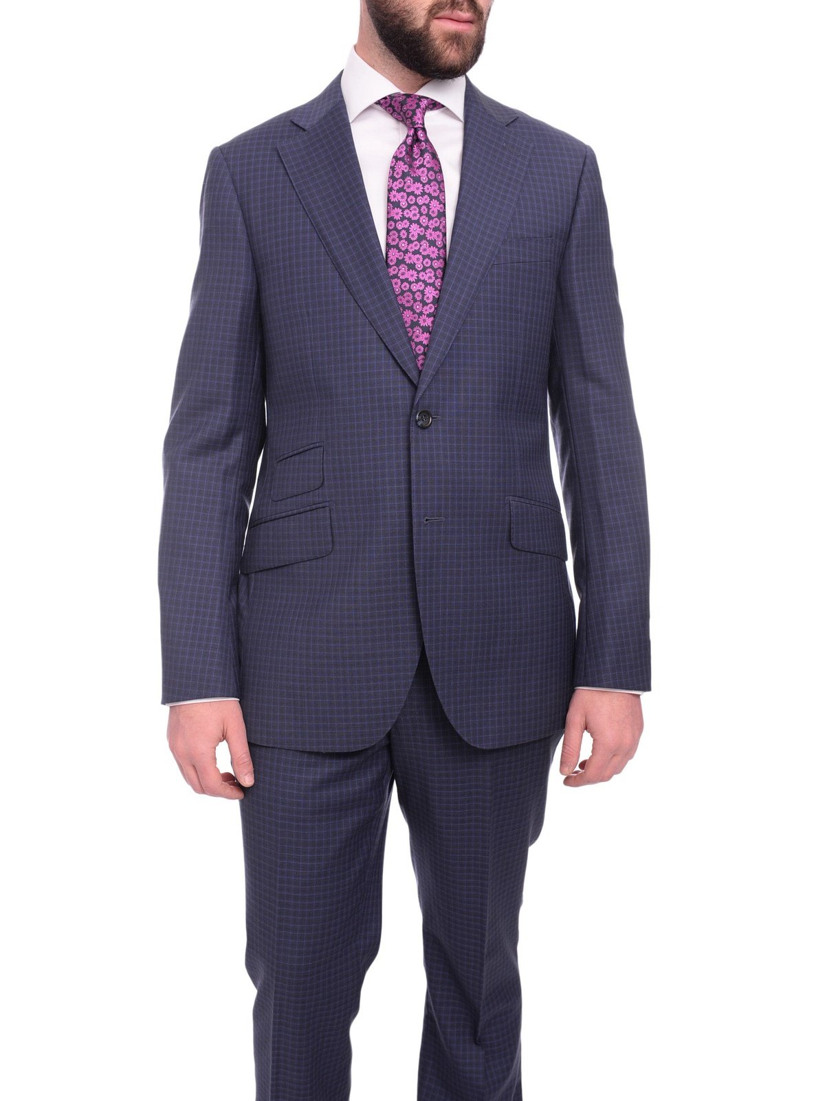 Napoli TWO PIECE SUITS Napoli Slim Fit Navy Blue Check Two Button Half Canvassed Super 150s Wool Suit