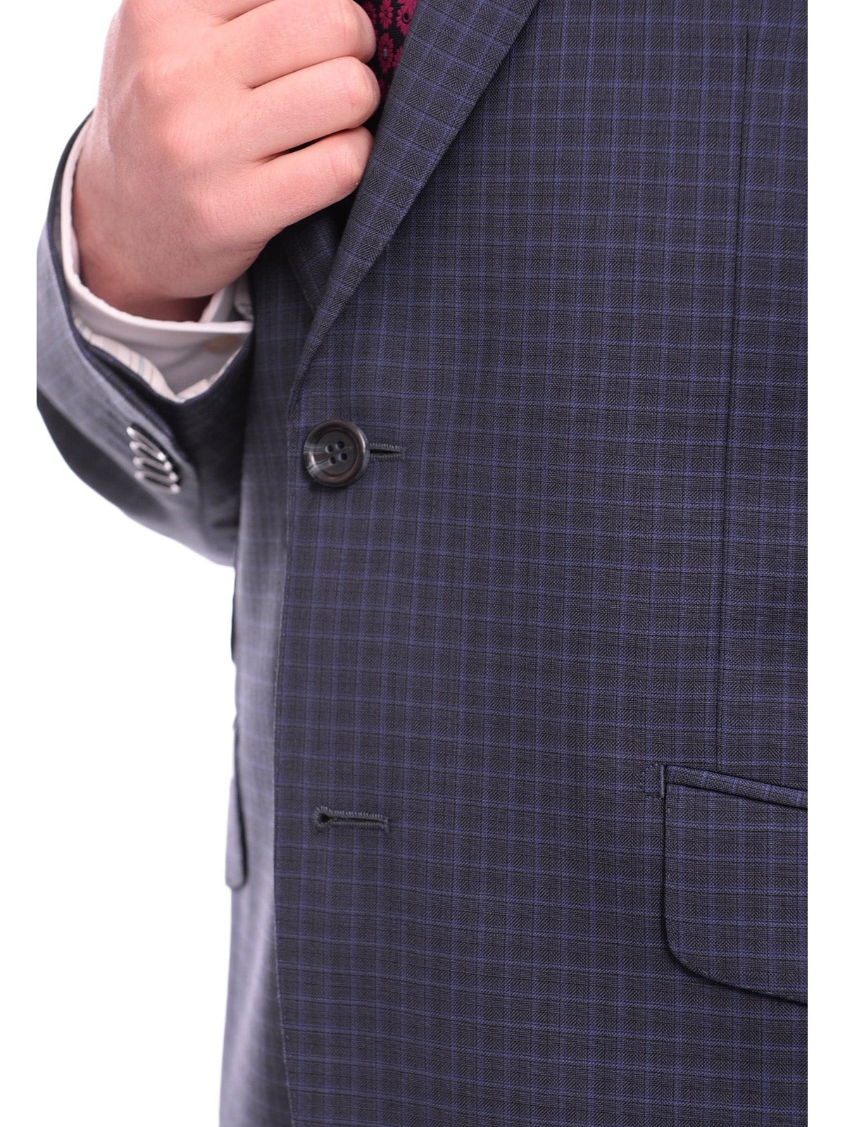 Napoli TWO PIECE SUITS Napoli Slim Fit Navy Blue Check Two Button Half Canvassed Super 150s Wool Suit