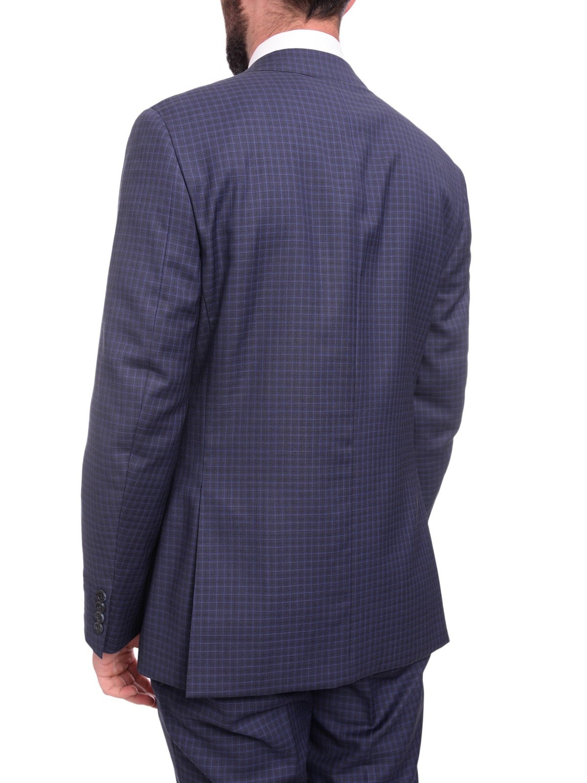 Napoli TWO PIECE SUITS Napoli Slim Fit Navy Blue Check Two Button Half Canvassed Super 150s Wool Suit