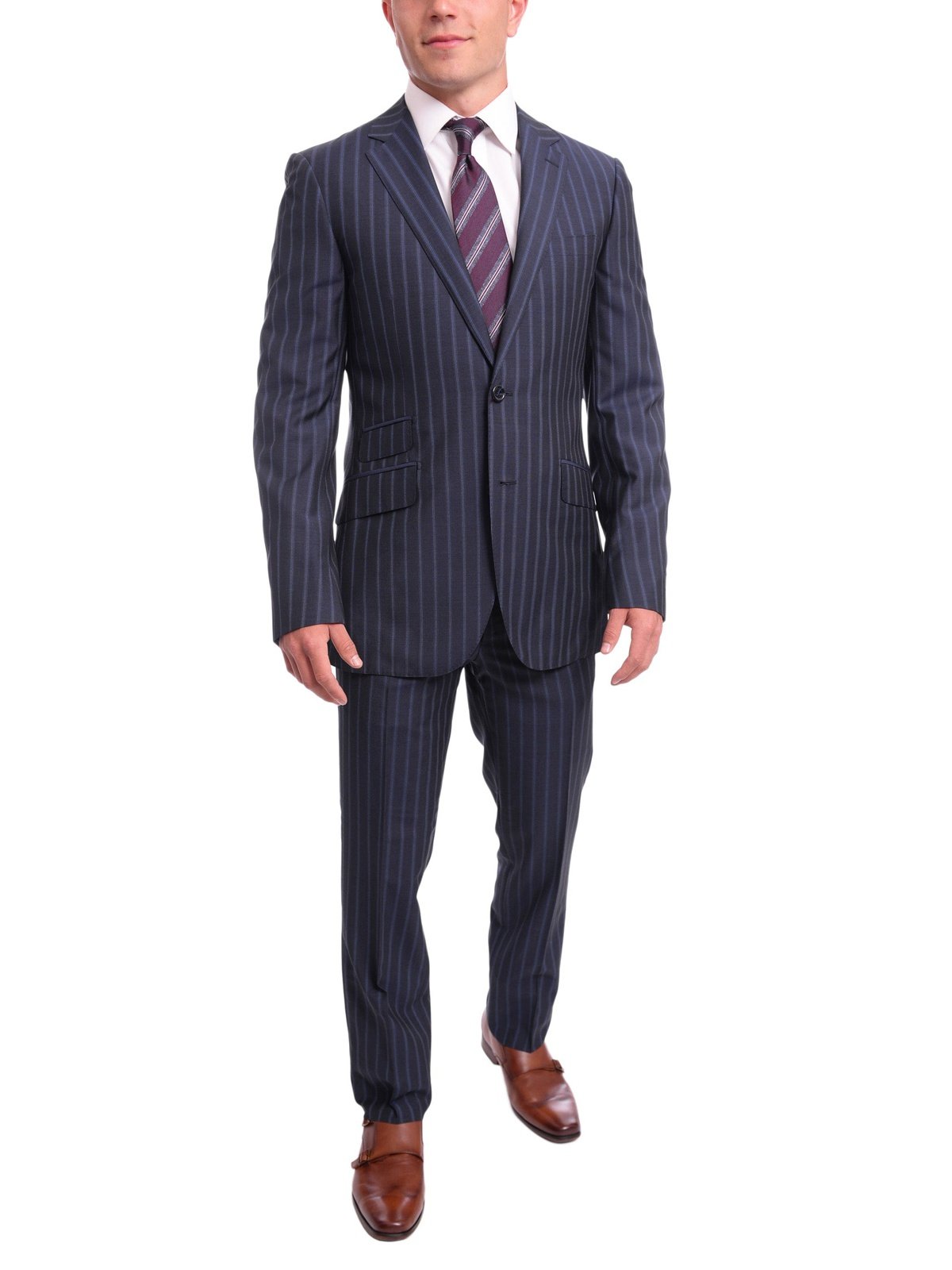 Napoli TWO PIECE SUITS Napoli Slim Fit Navy Blue Pinstripe Two Button Half Canvassed Wool Suit