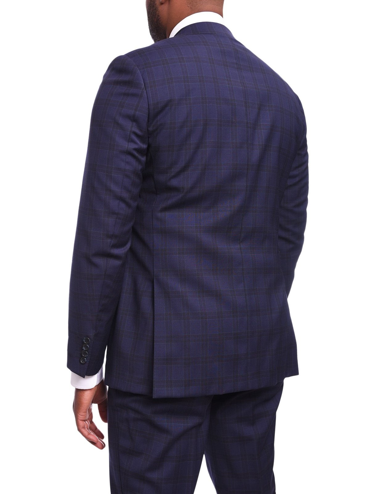 Napoli TWO PIECE SUITS Napoli Slim Fit Navy Blue Plaid Half Canvassed Wool Suit With Wide Peak Lapels