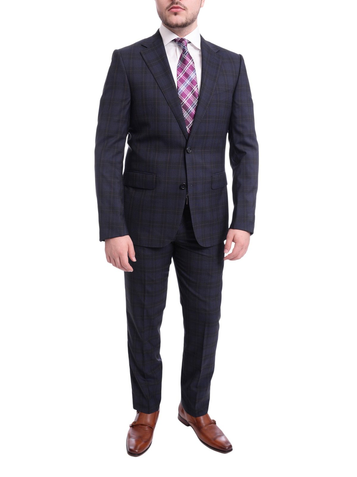 Napoli TWO PIECE SUITS Napoli Slim Fit Navy Blue Plaid With Red Windowpane Half Canvassed Wool Suit