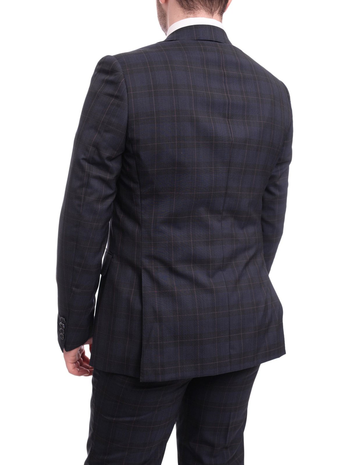 Napoli TWO PIECE SUITS Napoli Slim Fit Navy Blue Plaid With Red Windowpane Half Canvassed Wool Suit