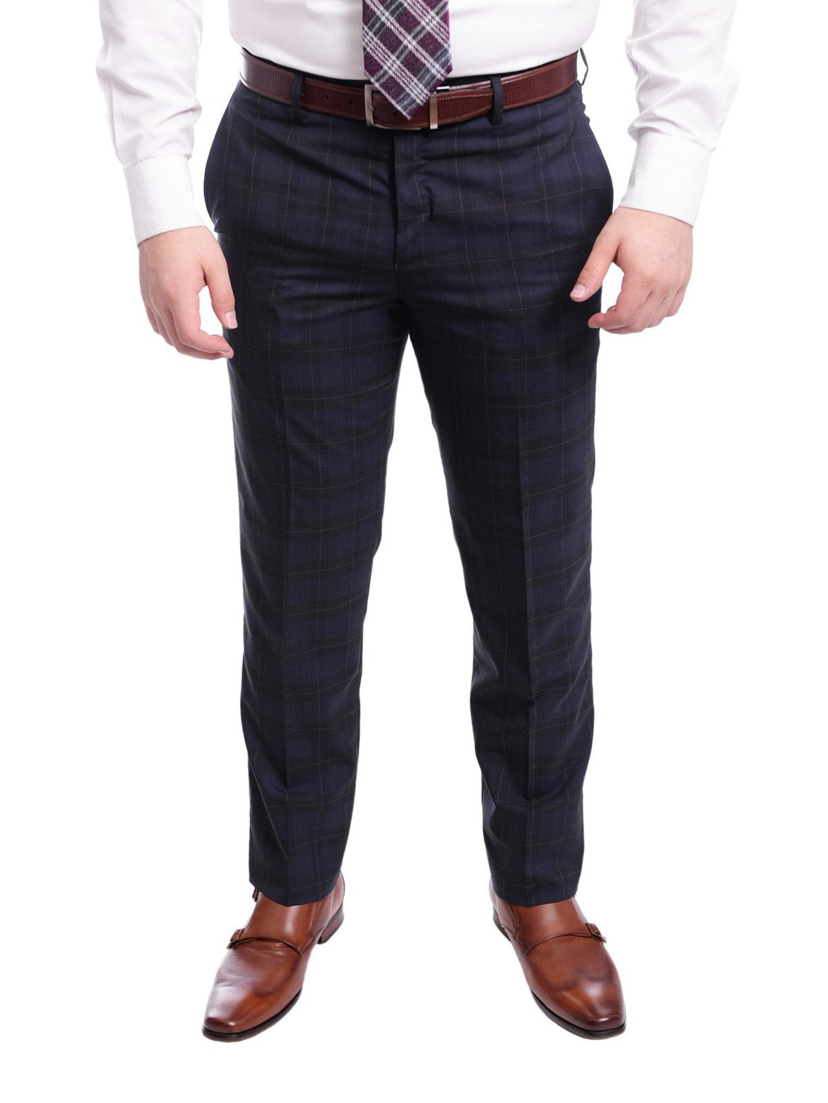Napoli TWO PIECE SUITS Napoli Slim Fit Navy Blue Plaid With Red Windowpane Half Canvassed Wool Suit