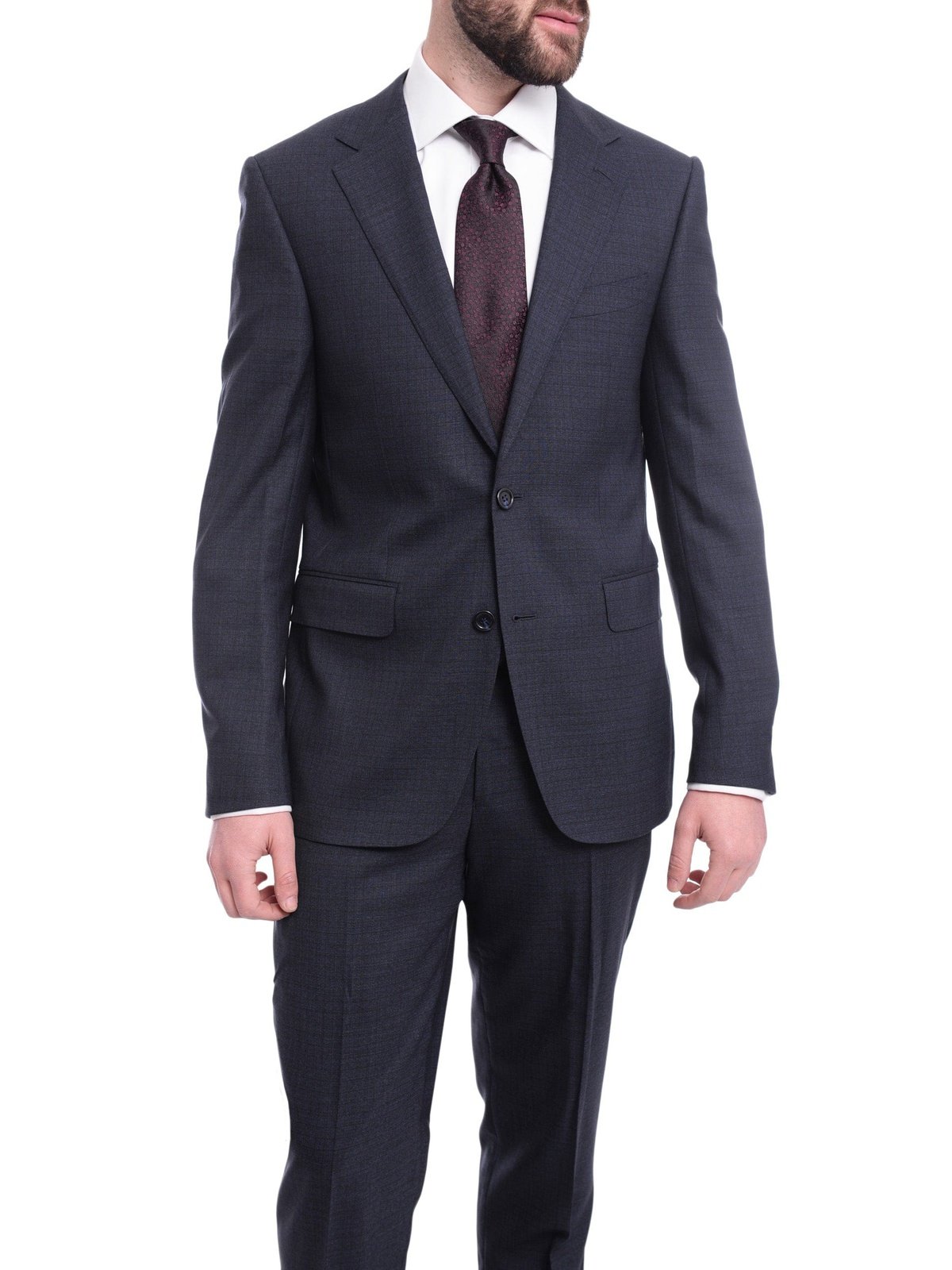 Napoli TWO PIECE SUITS Napoli Slim Fit Navy Blue Textured Check Two Button Half Canvassed Wool Suit