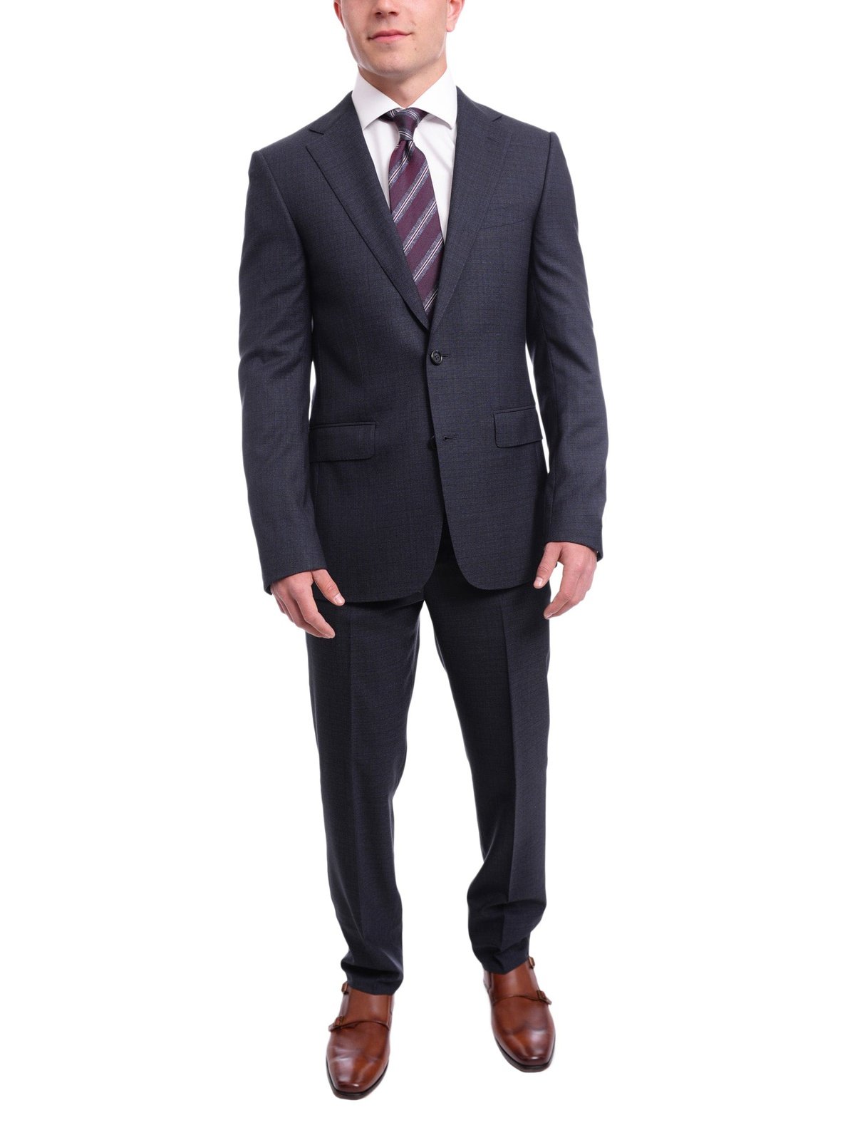 Napoli TWO PIECE SUITS Napoli Slim Fit Navy Blue Textured Check Two Button Half Canvassed Wool Suit