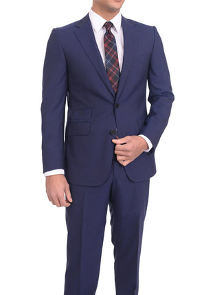 Napoli TWO PIECE SUITS Napoli Slim Fit Navy Blue Textured Two Button Half Canvassed Wool Suit