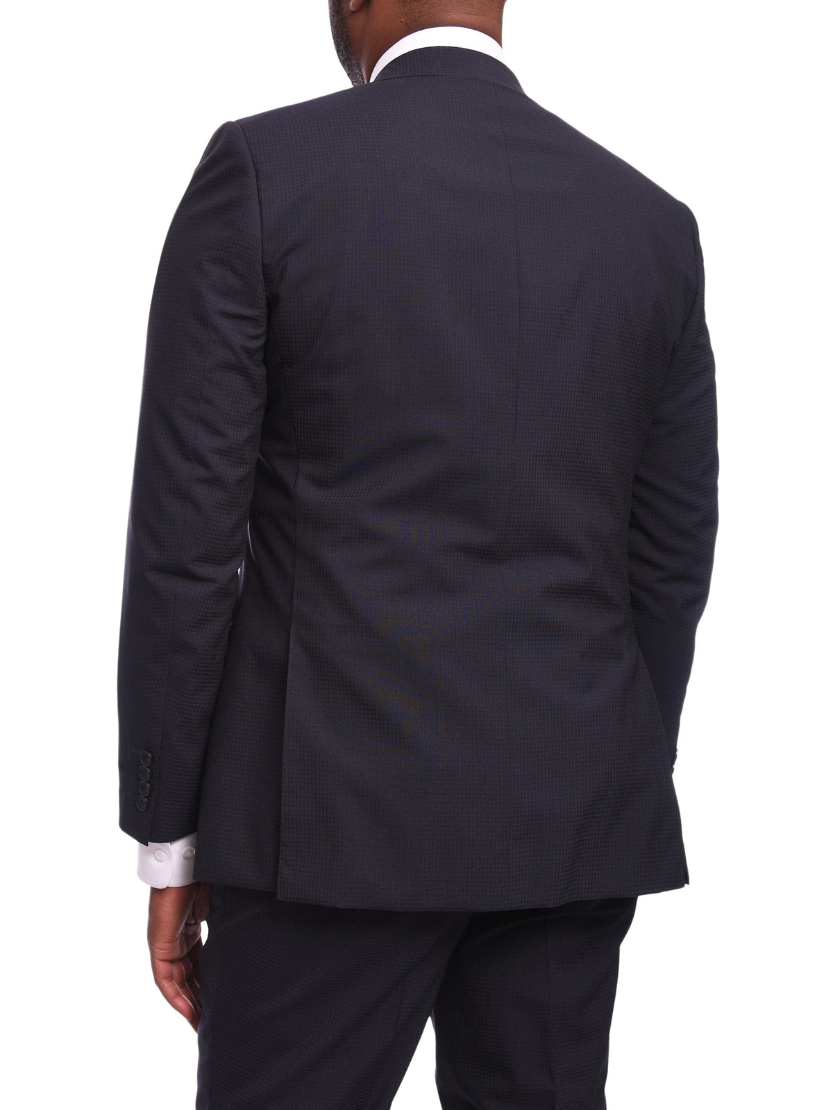 Napoli TWO PIECE SUITS Napoli Slim Fit Navy Blue Tonal Check Half Canvassed Marzotto Wool Suit