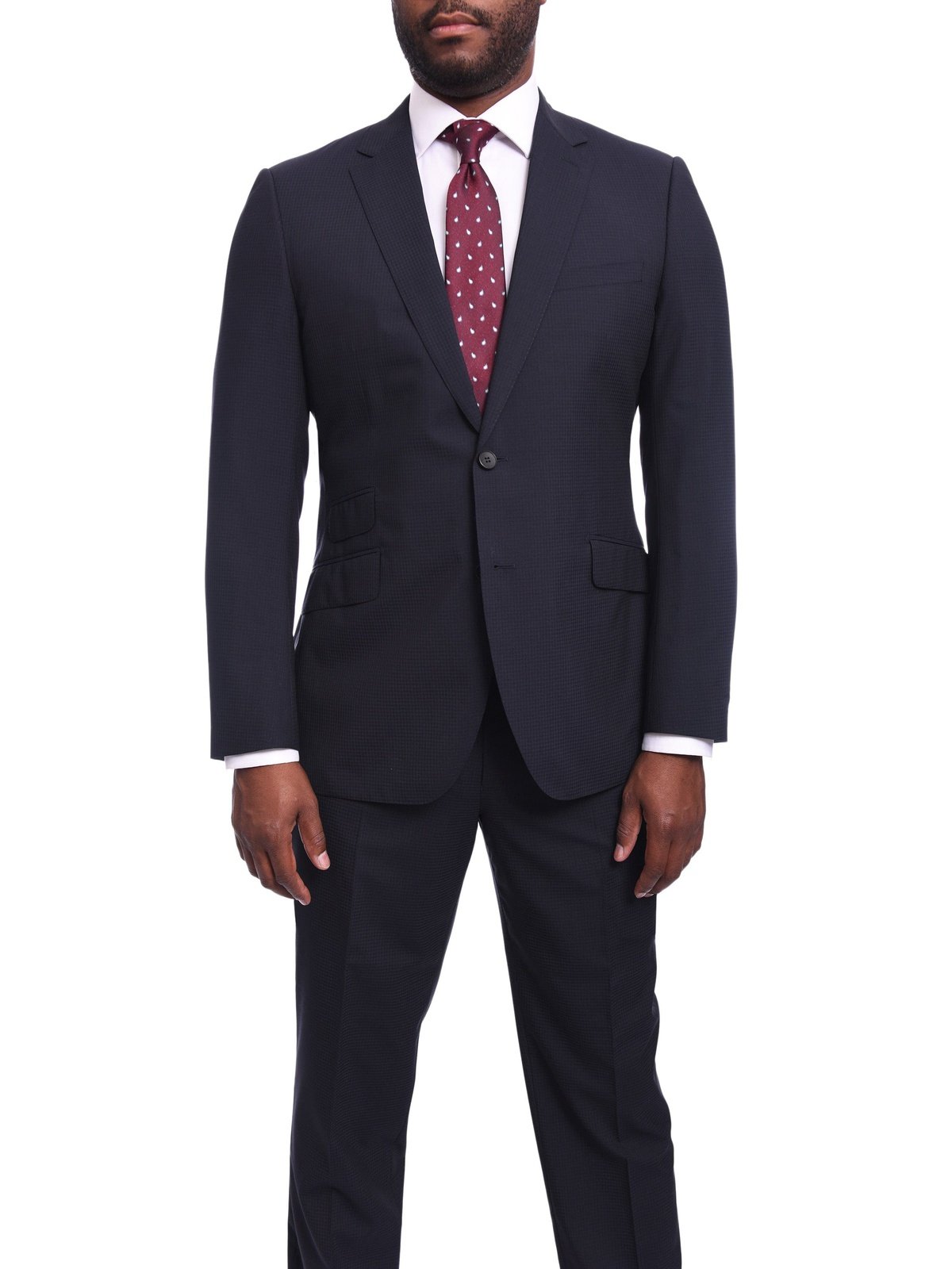Napoli TWO PIECE SUITS Napoli Slim Fit Navy Blue Tonal Check Half Canvassed Marzotto Wool Suit