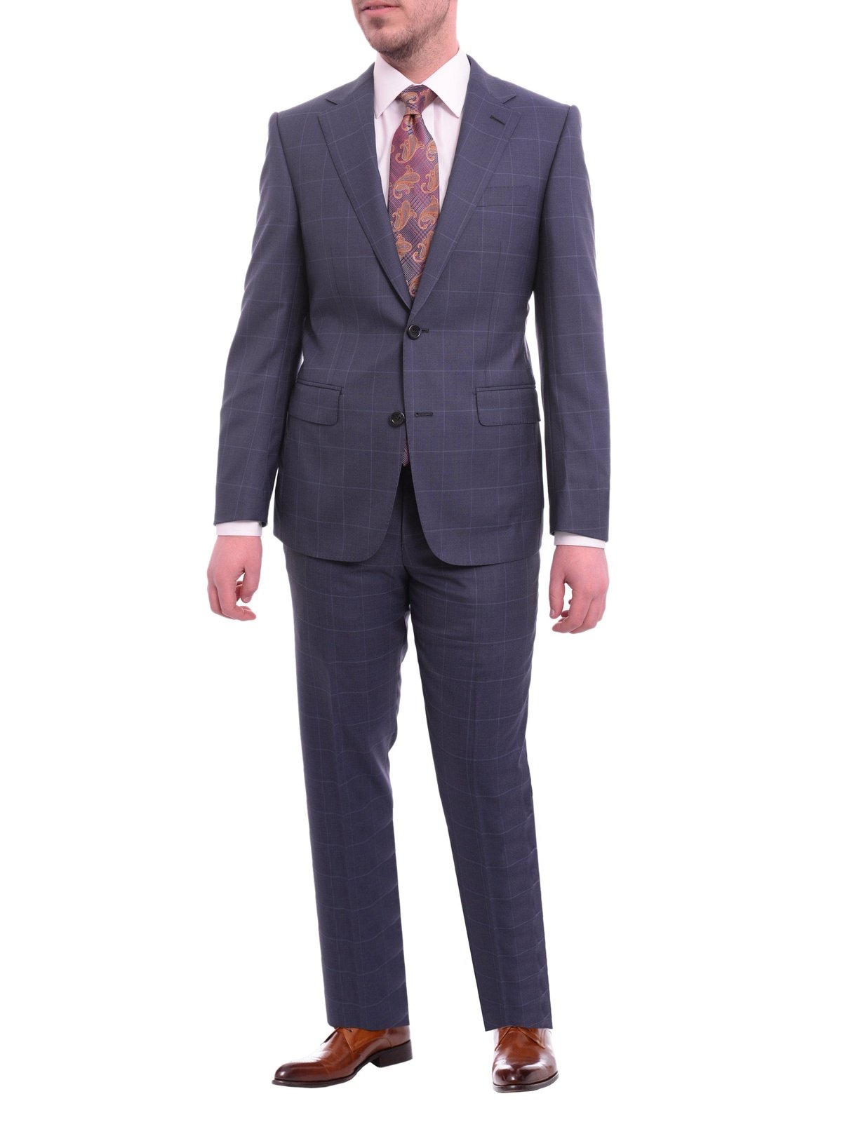 Napoli TWO PIECE SUITS Napoli Slim Fit Navy Blue Windowpane Plaid Half Canvassed Super 160&#39;s Wool Suit