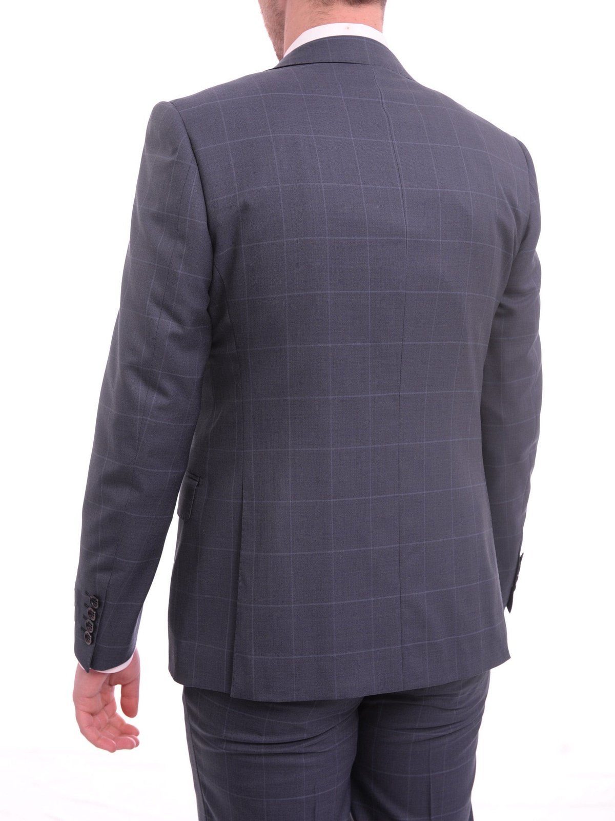 Napoli TWO PIECE SUITS Napoli Slim Fit Navy Blue Windowpane Plaid Half Canvassed Super 160&#39;s Wool Suit