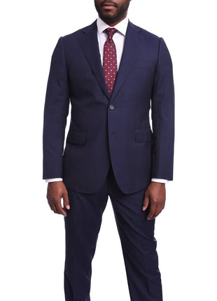 Napoli TWO PIECE SUITS Napoli Slim Fit Solid Navy Blue Two Button Half Canvassed Guabello Wool Suit