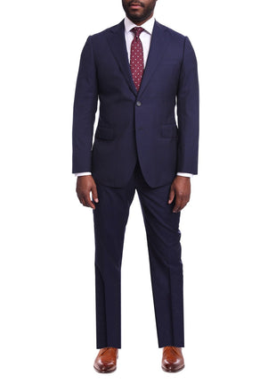 Napoli TWO PIECE SUITS Napoli Slim Fit Solid Navy Blue Two Button Half Canvassed Guabello Wool Suit