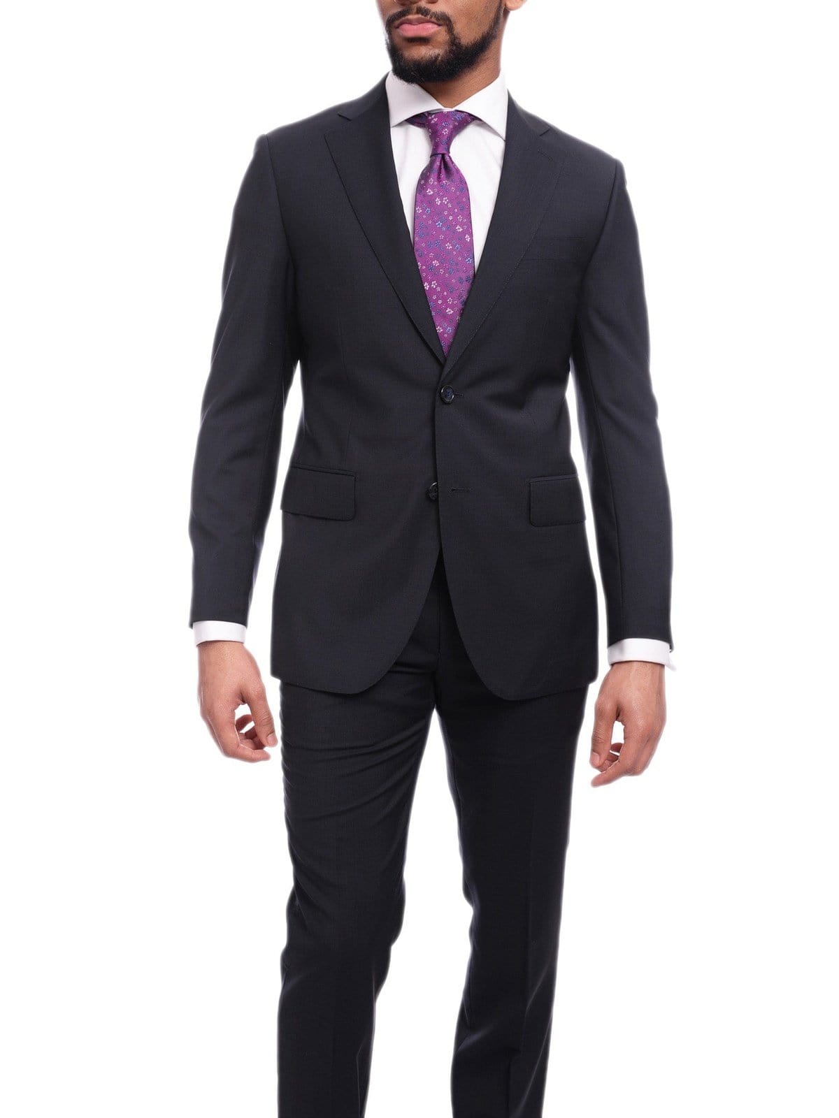 Napoli TWO PIECE SUITS Napoli Slim Fit Solid Navy Blue Two Button Half Canvassed Wool Suit