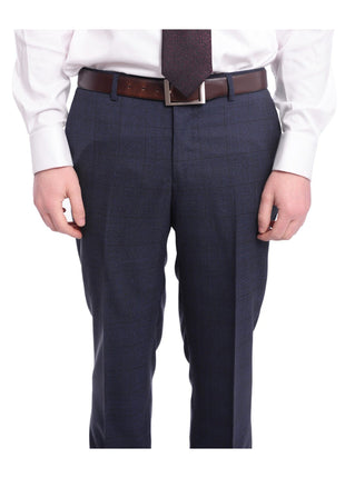 Napoli TWO PIECE SUITS Napoli Slim Fit Textured Blue Black Plaid Half Canvassed Super 160s Wool Suit