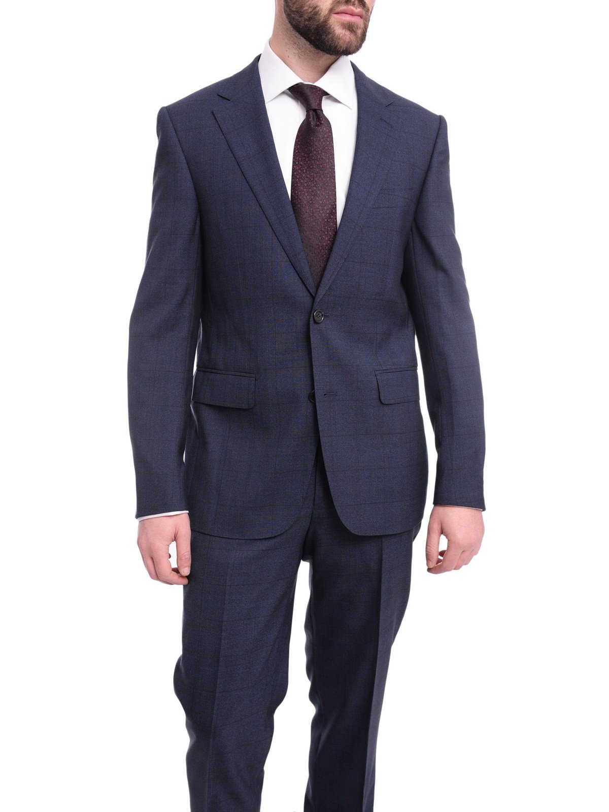 Napoli TWO PIECE SUITS Napoli Slim Fit Textured Blue Black Plaid Half Canvassed Super 160s Wool Suit