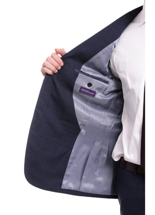 Napoli TWO PIECE SUITS Napoli Slim Fit Textured Blue Black Plaid Half Canvassed Super 160s Wool Suit