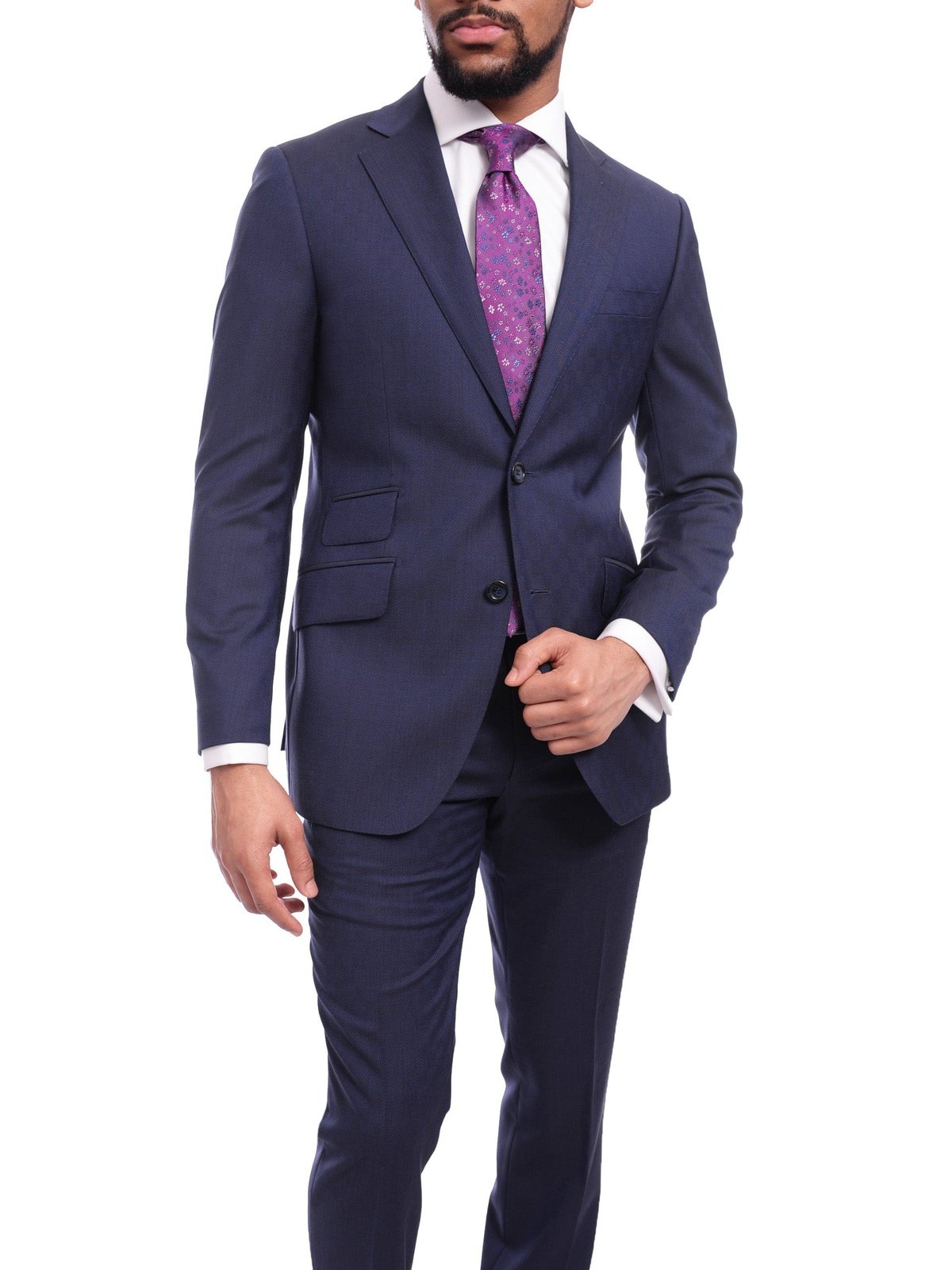 Napoli TWO PIECE SUITS Napoli Slim Fit Textured Navy Blue Half Canvassed Wool Suit Ticket Pocket