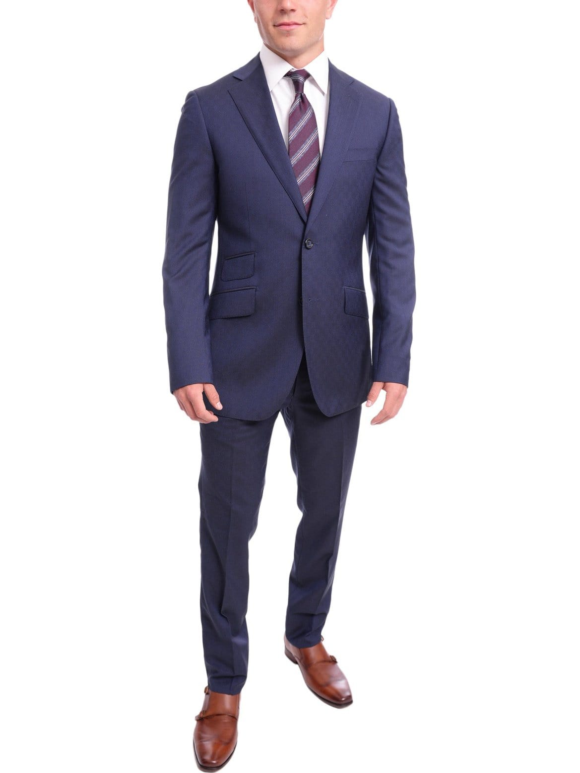 Napoli TWO PIECE SUITS Napoli Slim Fit Textured Navy Blue Half Canvassed Wool Suit Ticket Pocket