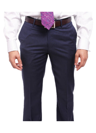 Napoli TWO PIECE SUITS Napoli Slim Fit Textured Navy Blue Two Button Half Canvassed Marzotto Wool Suit
