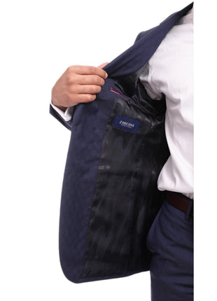 Napoli TWO PIECE SUITS Napoli Slim Fit Textured Navy Blue Two Button Half Canvassed Marzotto Wool Suit